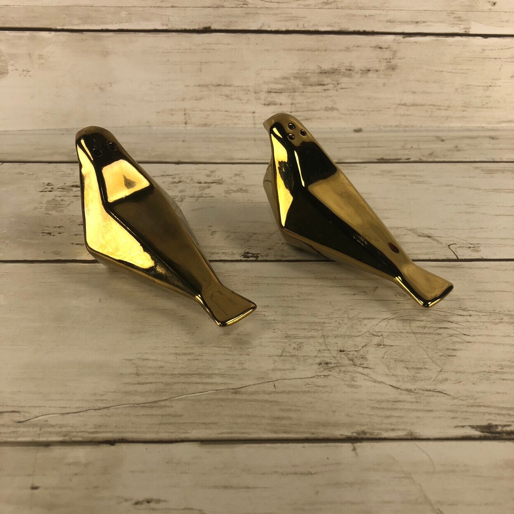 Modern Gold Bird Salt and Pepper Shakers Geometric Faceted Ceramic Set